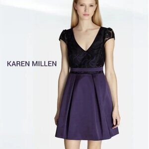 Karen Millen Purple Satin Lace Bodice V-Neck Cap Sleeve Fit & Flare Party Dress